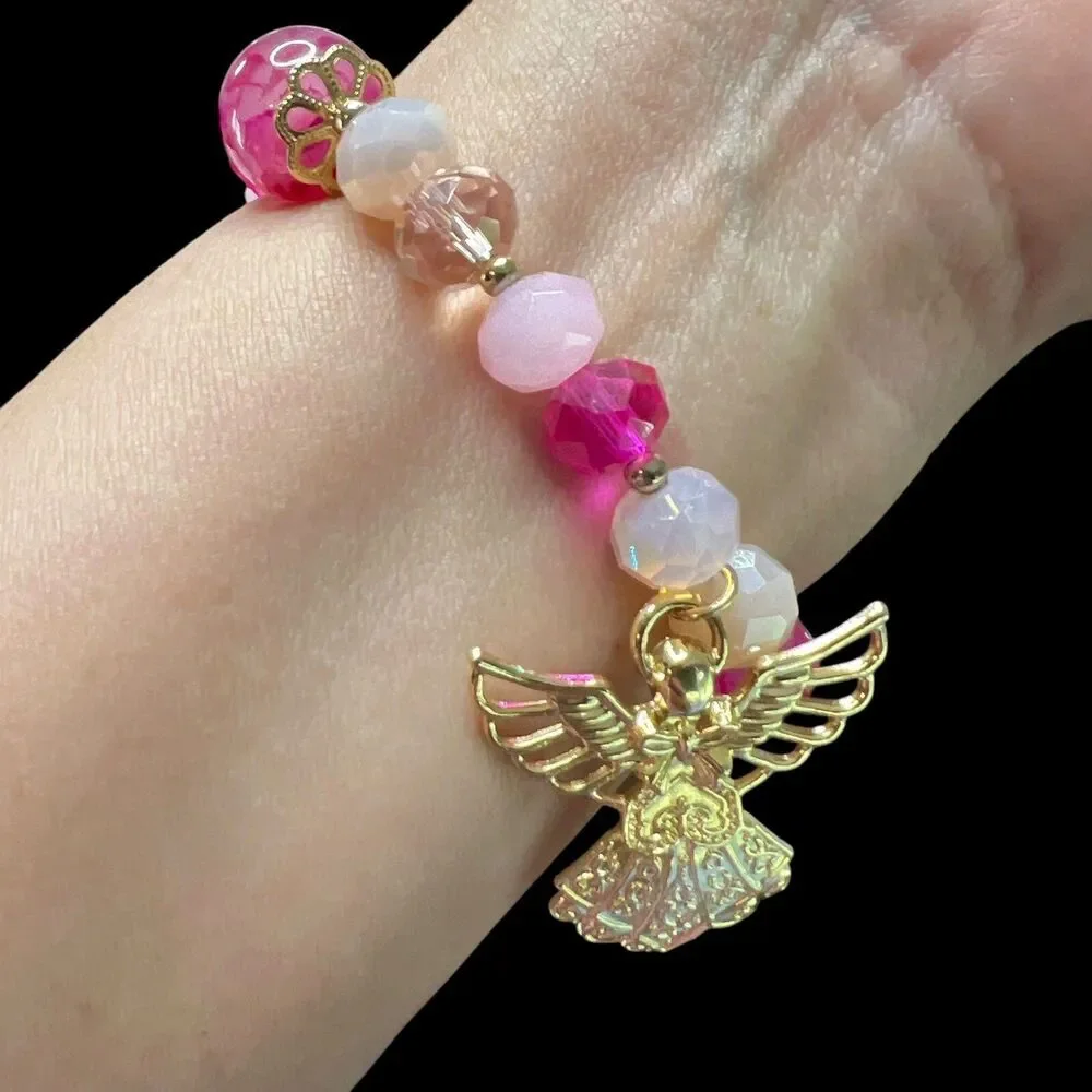 Natural Stone Beaded Bracelet Angel Charm‎ Stretch Pink Crystal Jewelry Women
